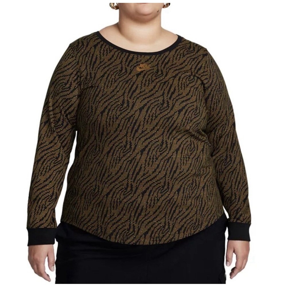 Nike Women' Sportswear Black/Gold AOP Essentials Long-Sleeve Top 2X